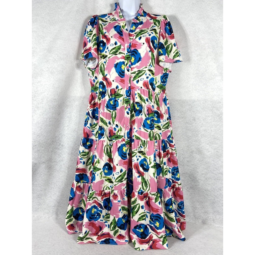 Jade Shirt Dress Women's Large Pink Blue Short Sleeves Midi Tiered Button Up